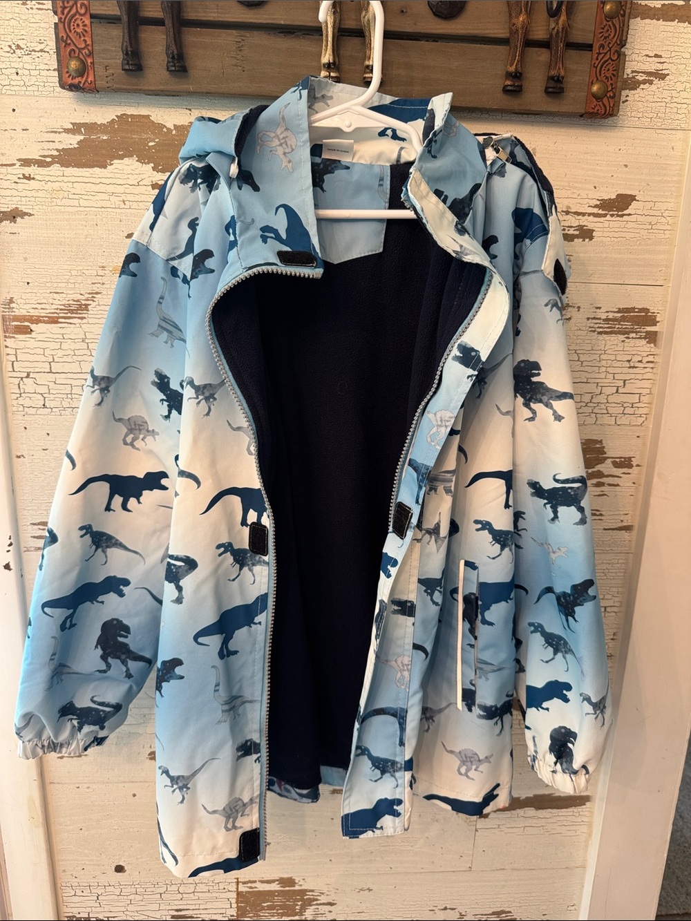 Kids' Light Blue Dinosaur Print Hooded Raincoat